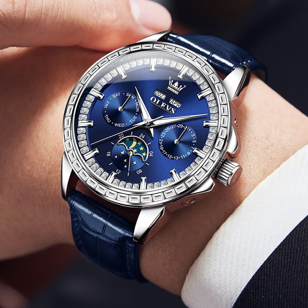 OLEVS 6695P Baguette Diamond Leather Mechanical Watch for Men