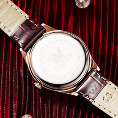 OLEVS 5581 Love Motif Diamond Watch Rose Gold Leather Strap Romantic Gift Timepiece for Women
