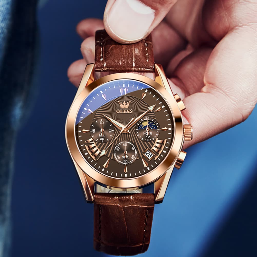 OLEVS 2876 Luxury Moon Phase Chronograph Leather Watch for Men