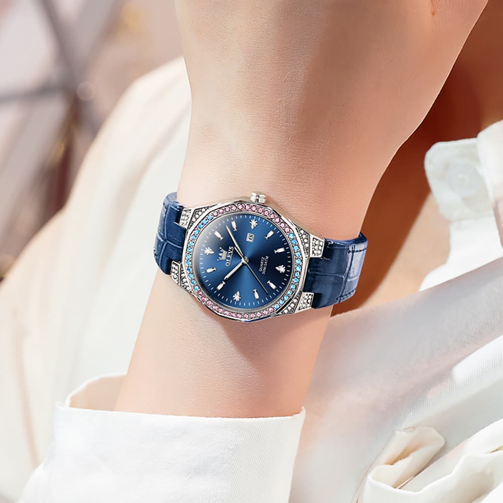 OLEVS Women Octagonal Watch Diamond Bezel Leather Strap Date Quartz 5606