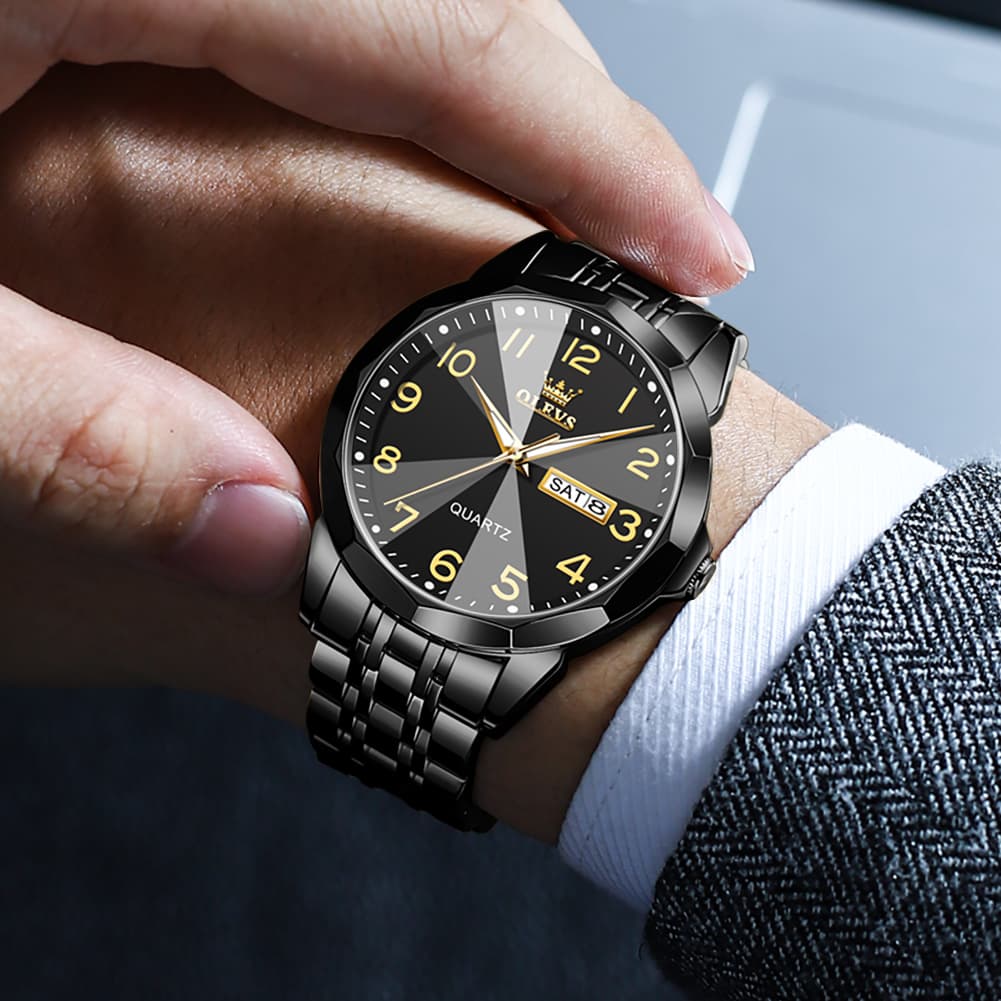 OLEVS 9970 3D Rhombic Faceted Glass Day Date Watch for Men