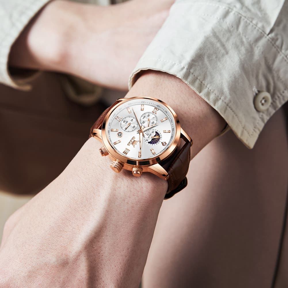 OLEVS 9812 Moon Phase Chronograph Leather Watch for Men