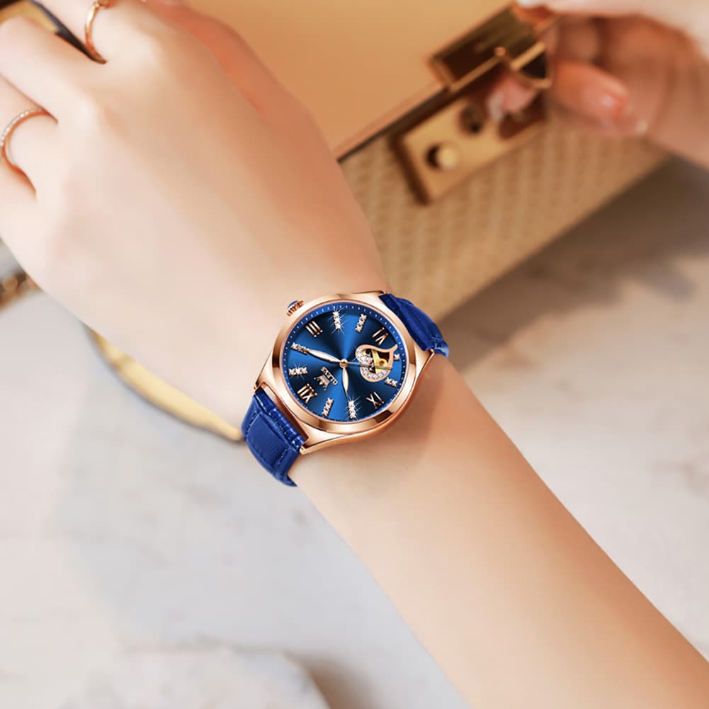 OLEVS 6636 Leather Skeleton Mechanical Watch for Women