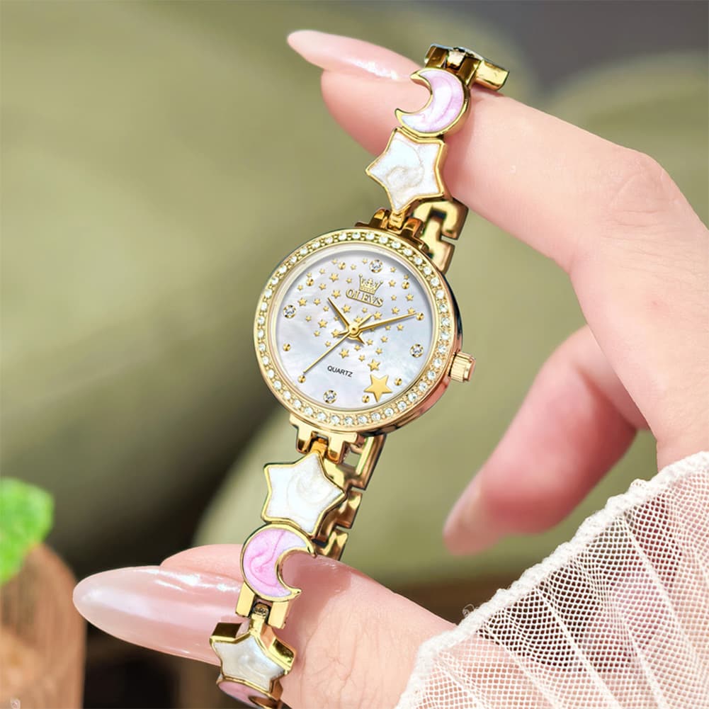 OLEVS 5665 Star Moon Bracelet Watch Mother of Pearl Starry Dial Quartz Jewelry Timepiece for Women