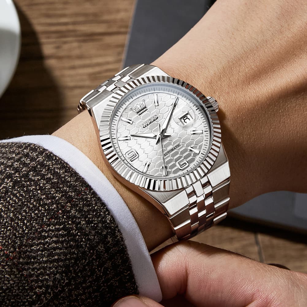 OLEVS 7105 Fluted Bezel Automatic Mechanical Luxury Dress Watch for Men