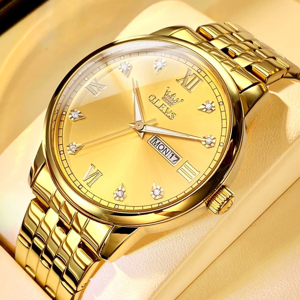 OLEVS Couple Watches Diamond Dial Day Date Quartz Watch 5525 Steel Band for His and Hers
