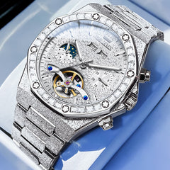OLEVS Iced Out Moon Phase Skeleton Automatic Watch 9805 Calendar for Men
