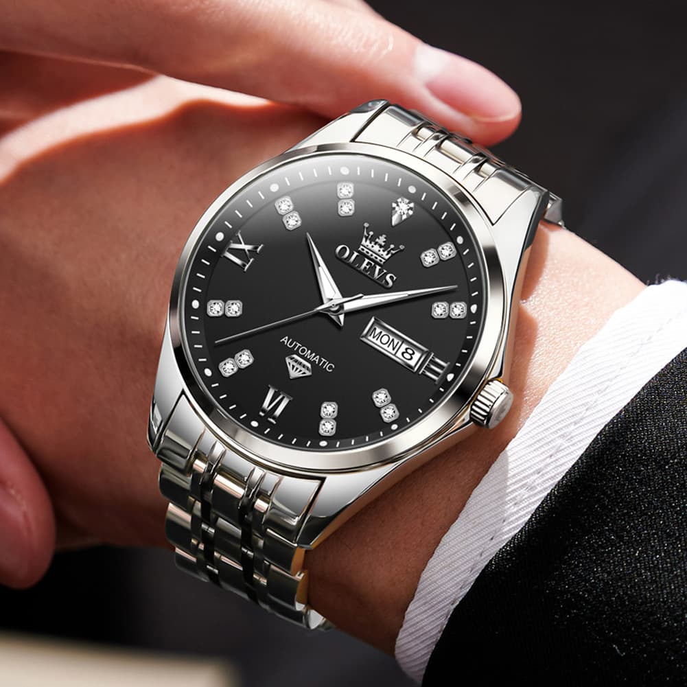 OLEVS Diamond Dial Automatic Mechanical Watch 9801 Day Date for Men