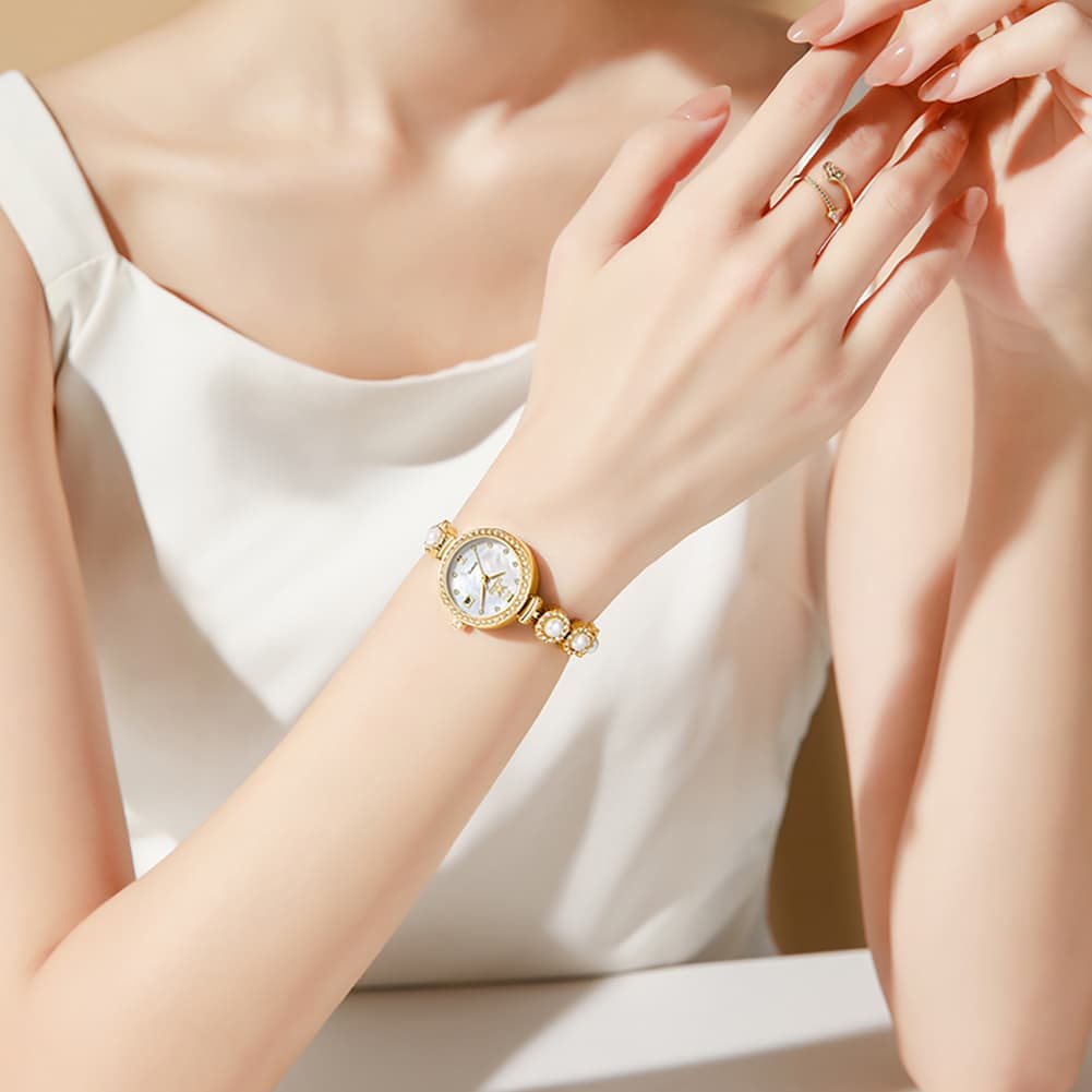 OLEVS Women Pearl Bracelet Watch Diamond Mother of Pearl Date Quartz 5635