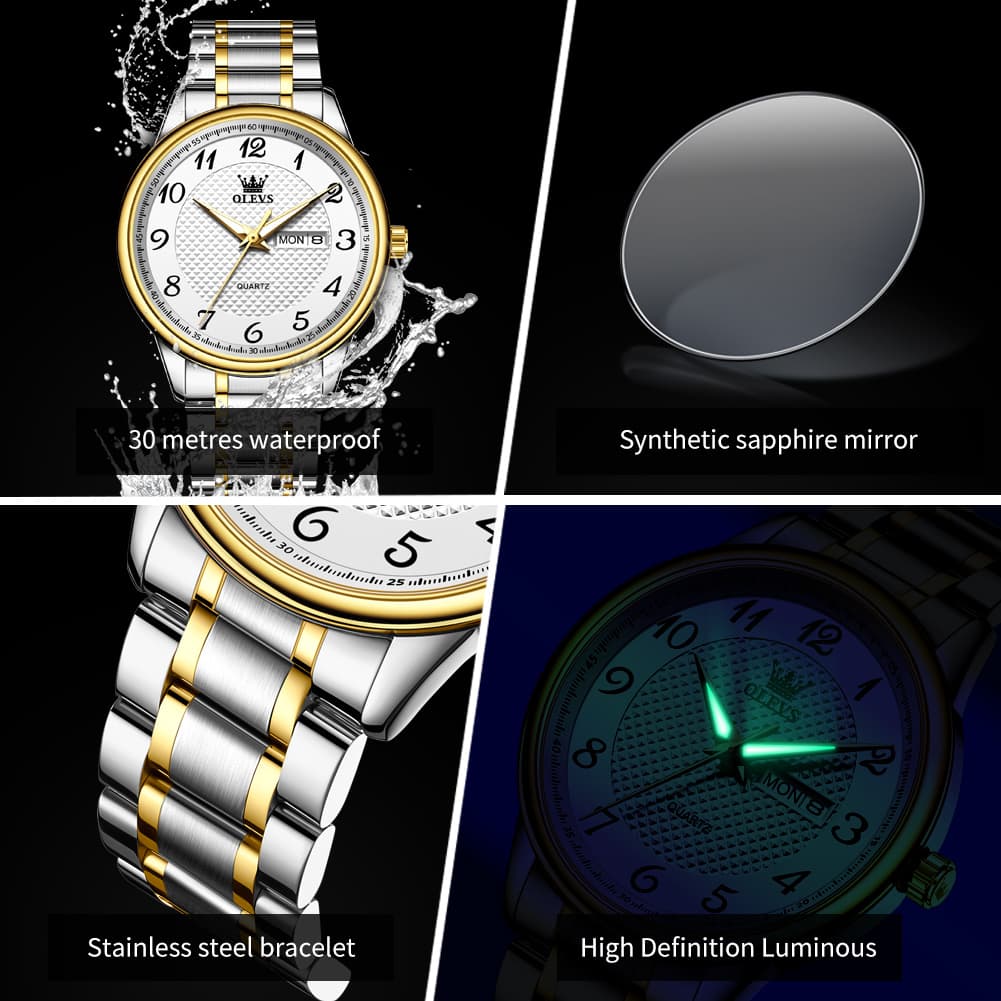 OLEVS 5667 Sapphire Crystal Couple Watch Day Date Stainless Steel Bracelet Luxury Timepiece for Men and Women