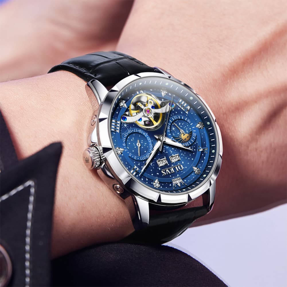 OLEVS 6690 Automatic Skeleton Starry Sky Steel Leather Watch for Men