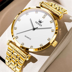 OLEVS Couple Watch Faceted Crystal Diamond Marker Stainless Steel Quartz 5596