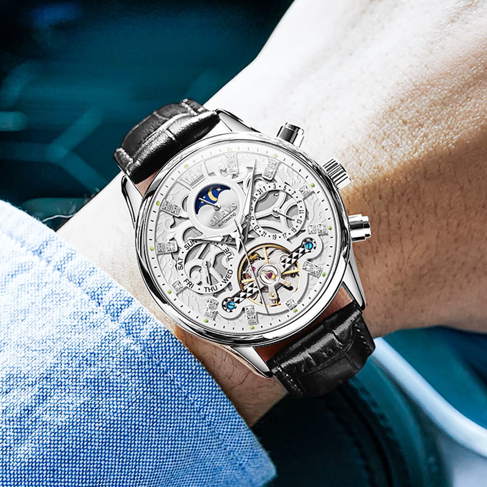 OLEVS 6658 Leather Skeleton Moon Phase Watch for Men