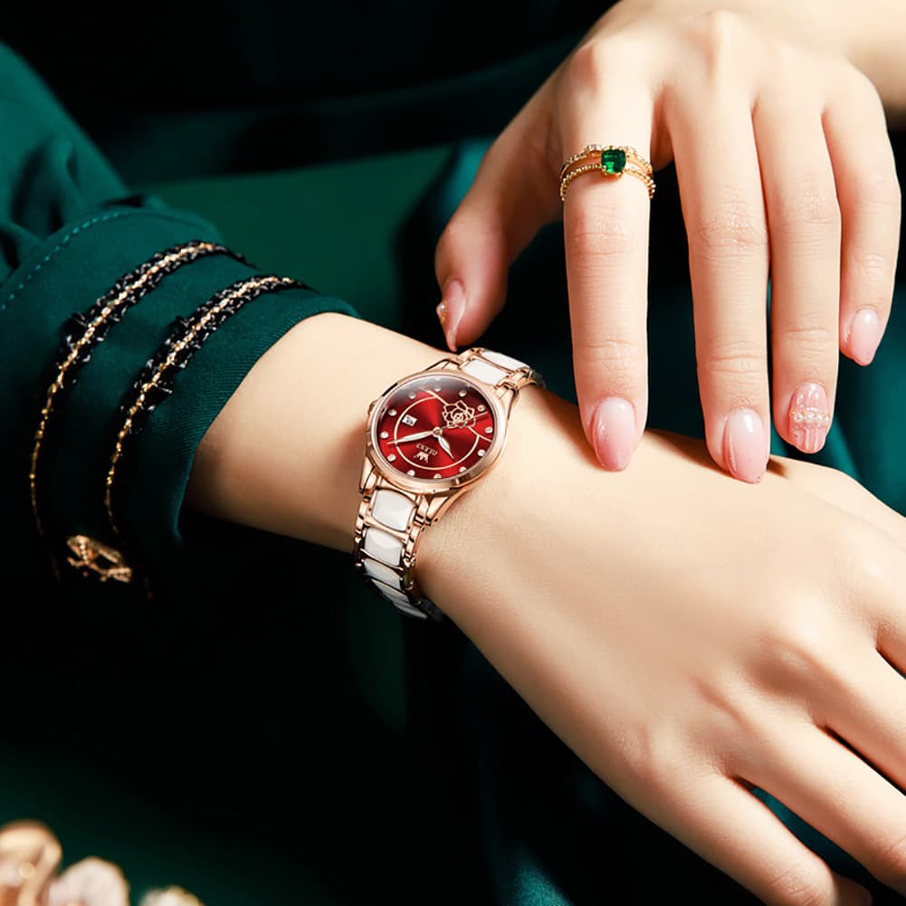 OLEVS 3606 Ceramic Rose Motif Quartz Watch for Women