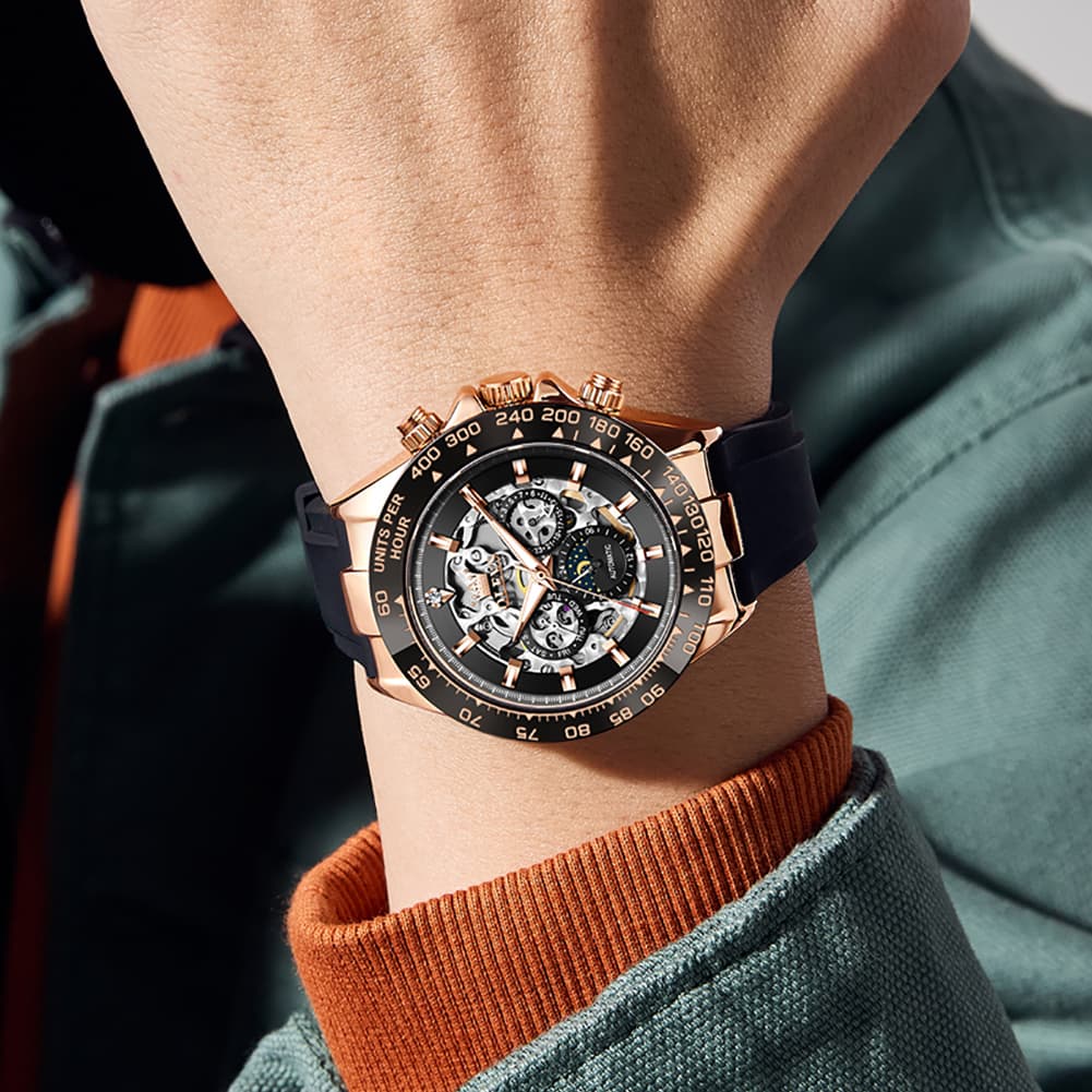 OLEVS 6713 Skeleton Silicone Sports Racing Mechanical Watch For Men