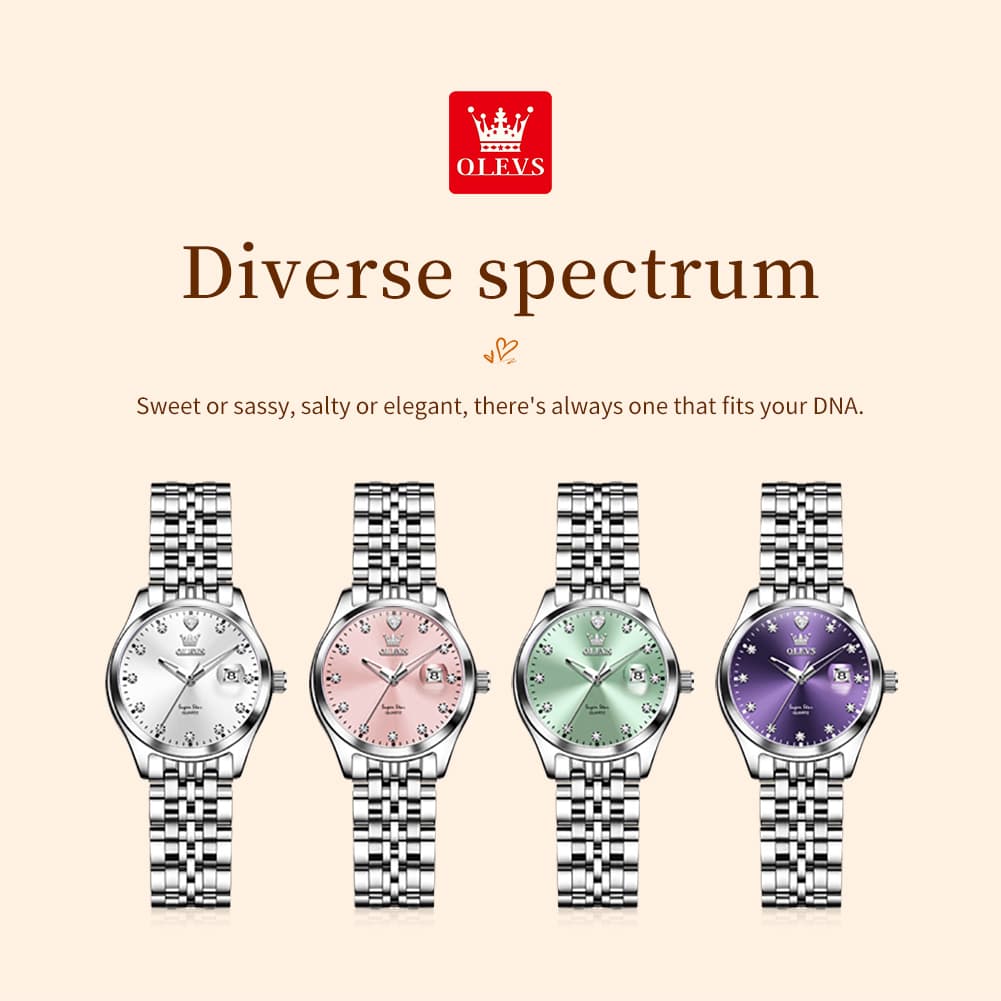 OLEVS 5649 Diamond Starry Dial Quartz Watch Calendar Stainless Steel Bracelet Timeless Timepiece for Women