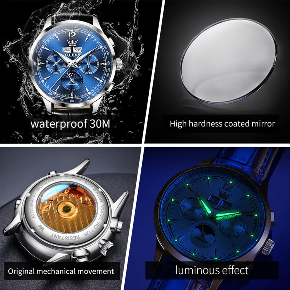 OLEVS Moon Phase Automatic Mechanical Watch 7128 Leather Strap for Men