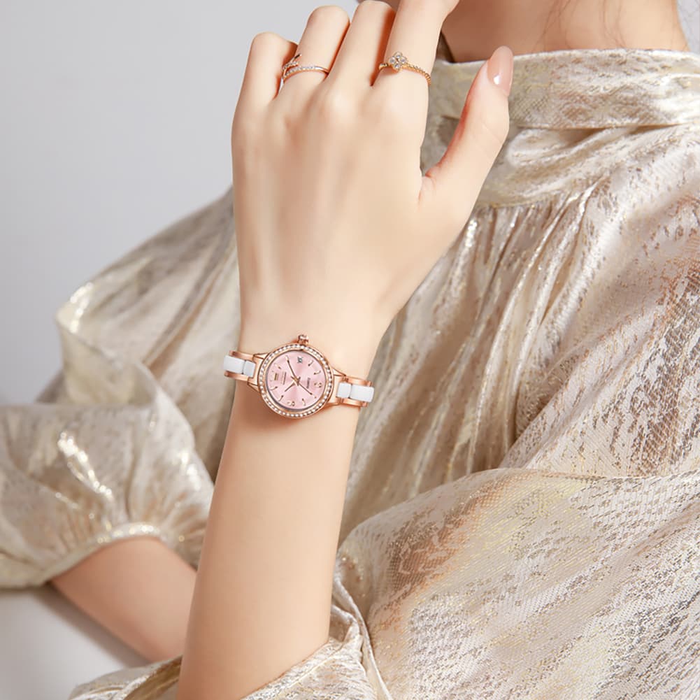 OLEVS 7093 White Ceramic Watch Women Dainty Diamond Bezel Date Quartz Jewelry Timepiece