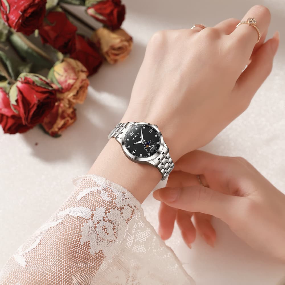 OLEVS 7041 Solid Steel Moon Phase Automatic Watch For Women