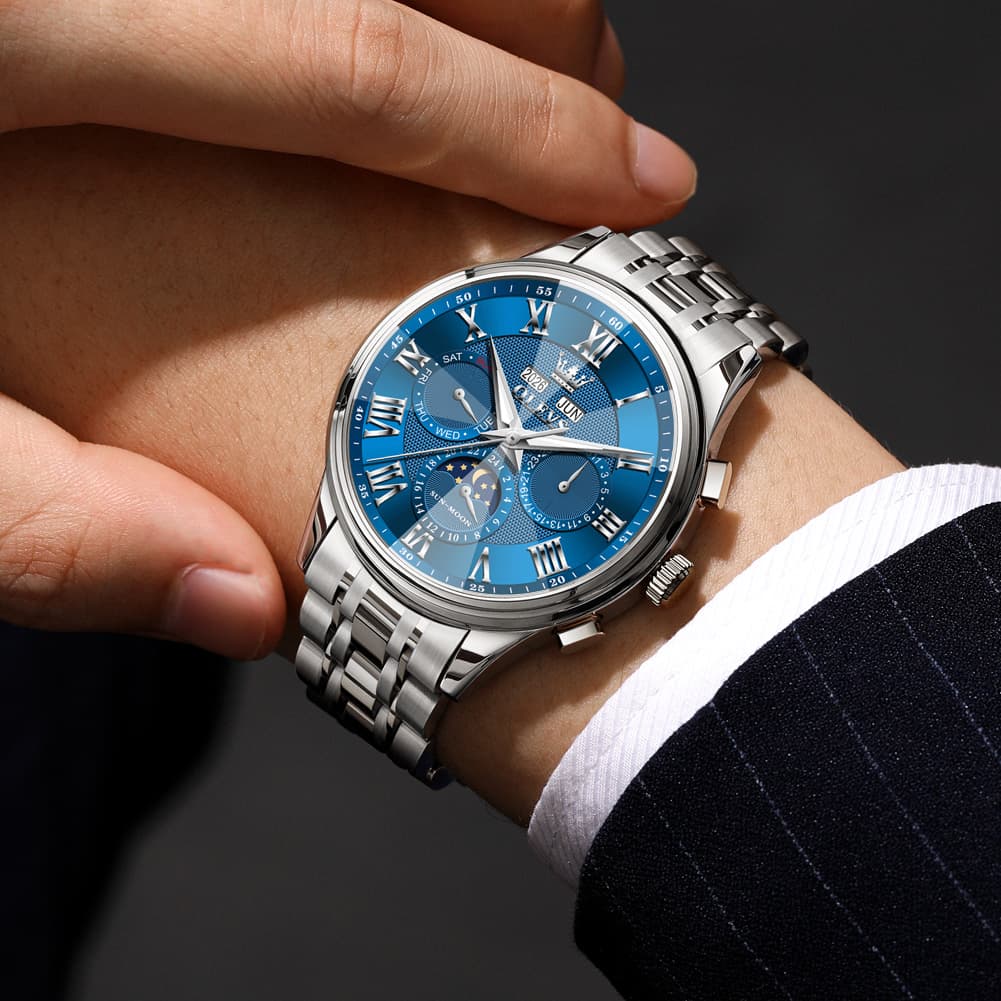 OLEVS 7113 Diamond Cut Glass Moon Phase Automatic Mechanical Watch for Men