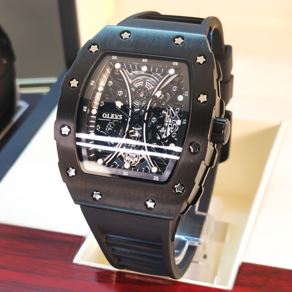 OLEVS 3602 Tonneau Skeleton Quartz Watch for Men