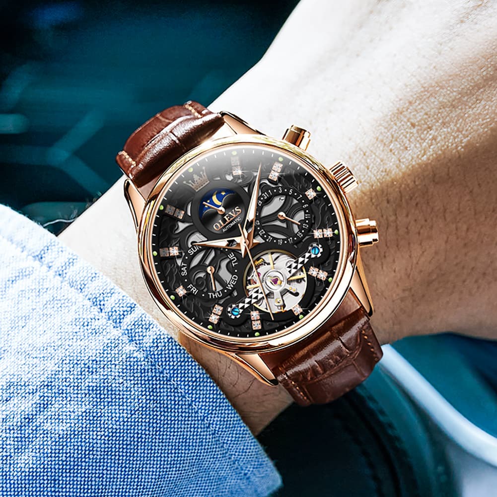OLEVS 6658 Leather Skeleton Moon Phase Watch for Men