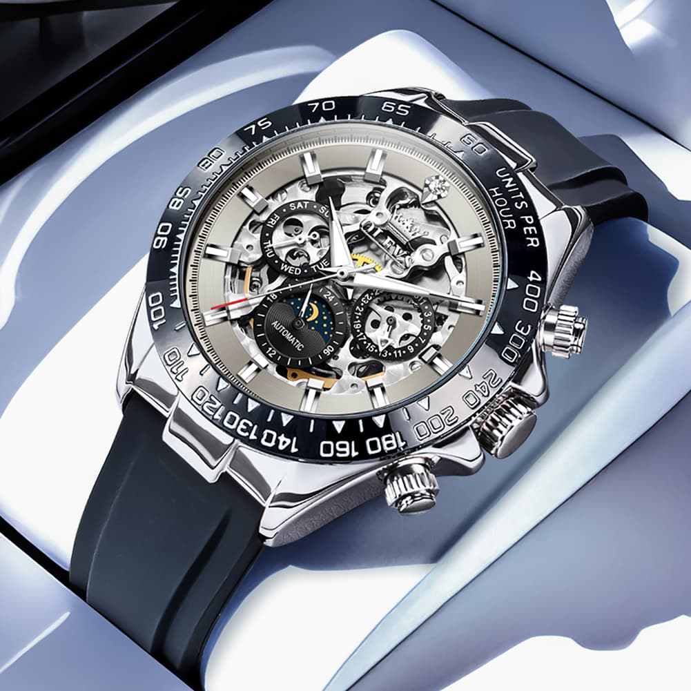 OLEVS 6713 Skeleton Silicone Sports Racing Mechanical Watch For Men