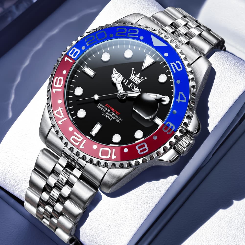 OLEVS 5657 Rotating Bezel Sports Watch Stainless Steel Jubilee Bracelet Quartz Timepiece for Men