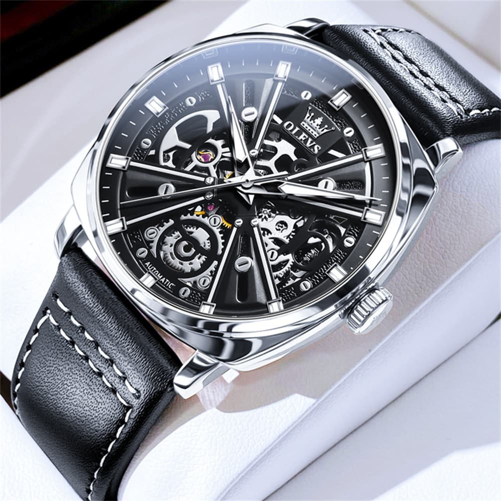 OLEVS 6685 Mechanical Skeleton Leather Watch for Men