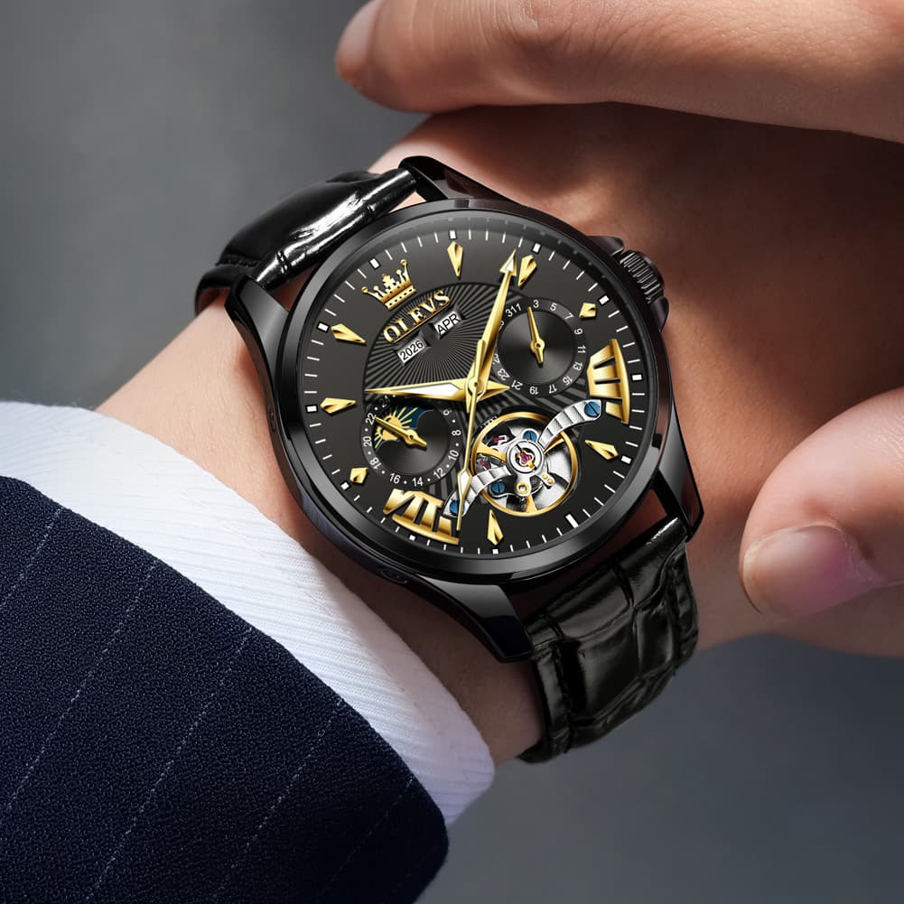 OLEVS 7103 Open Heart Leather Automatic Watch For Men
