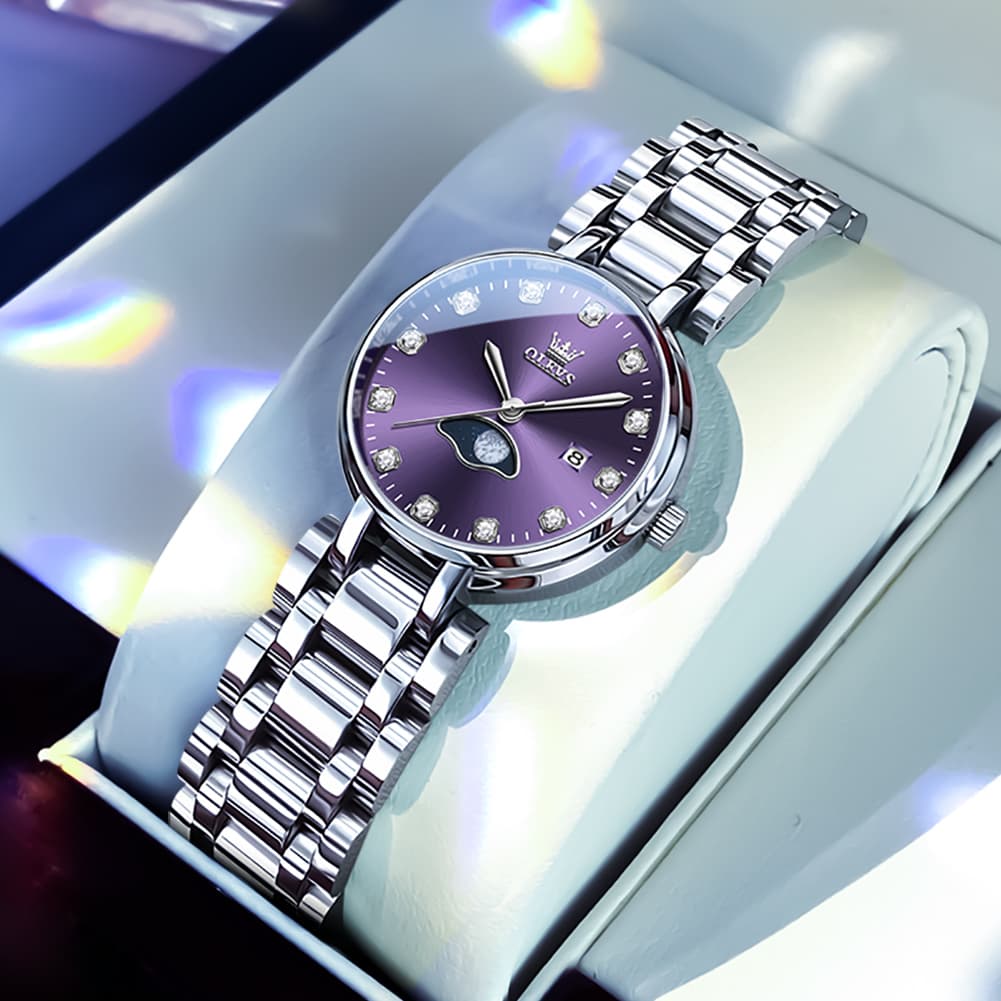 OLEVS Women Moon Phase Dress Watch Stainless Steel Diamond Dial Quartz 5573