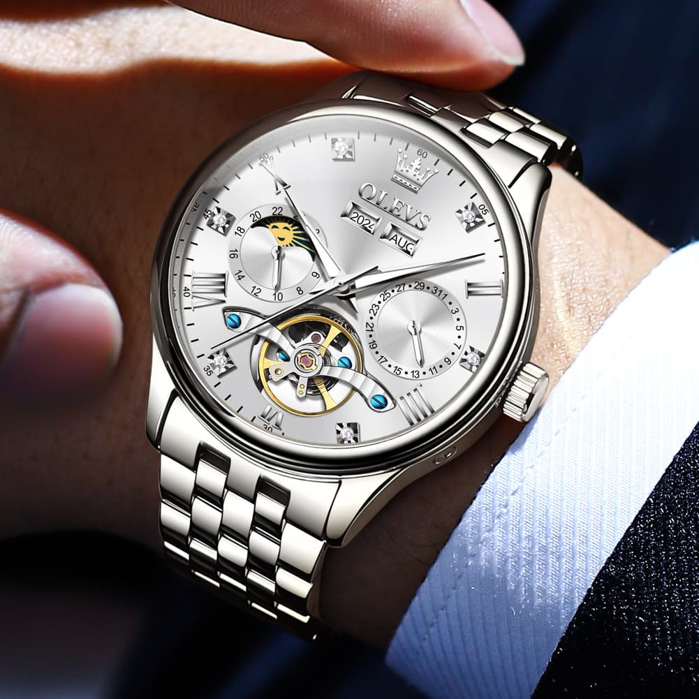 OLEVS 7023 Skeleton Moon Phase Automatic Watch for Men