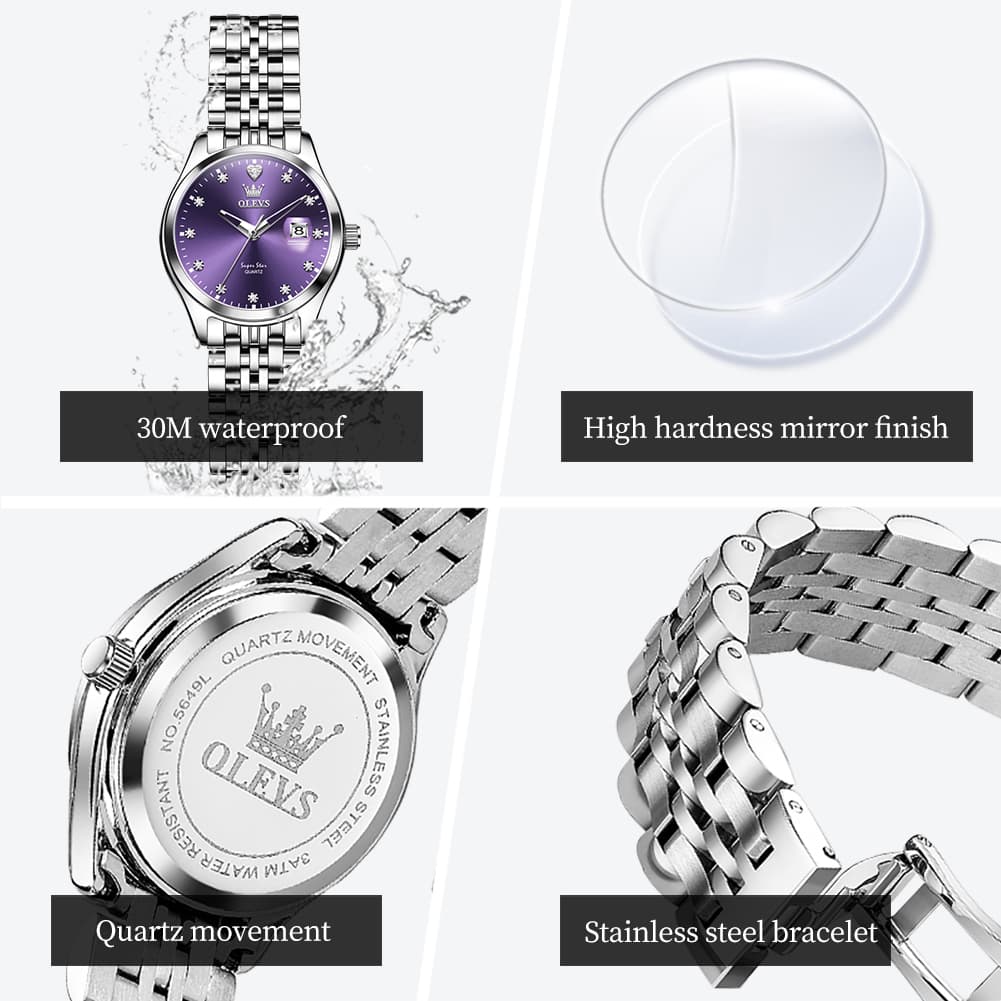 OLEVS 5649 Diamond Starry Dial Quartz Watch Calendar Stainless Steel Bracelet Timeless Timepiece for Women