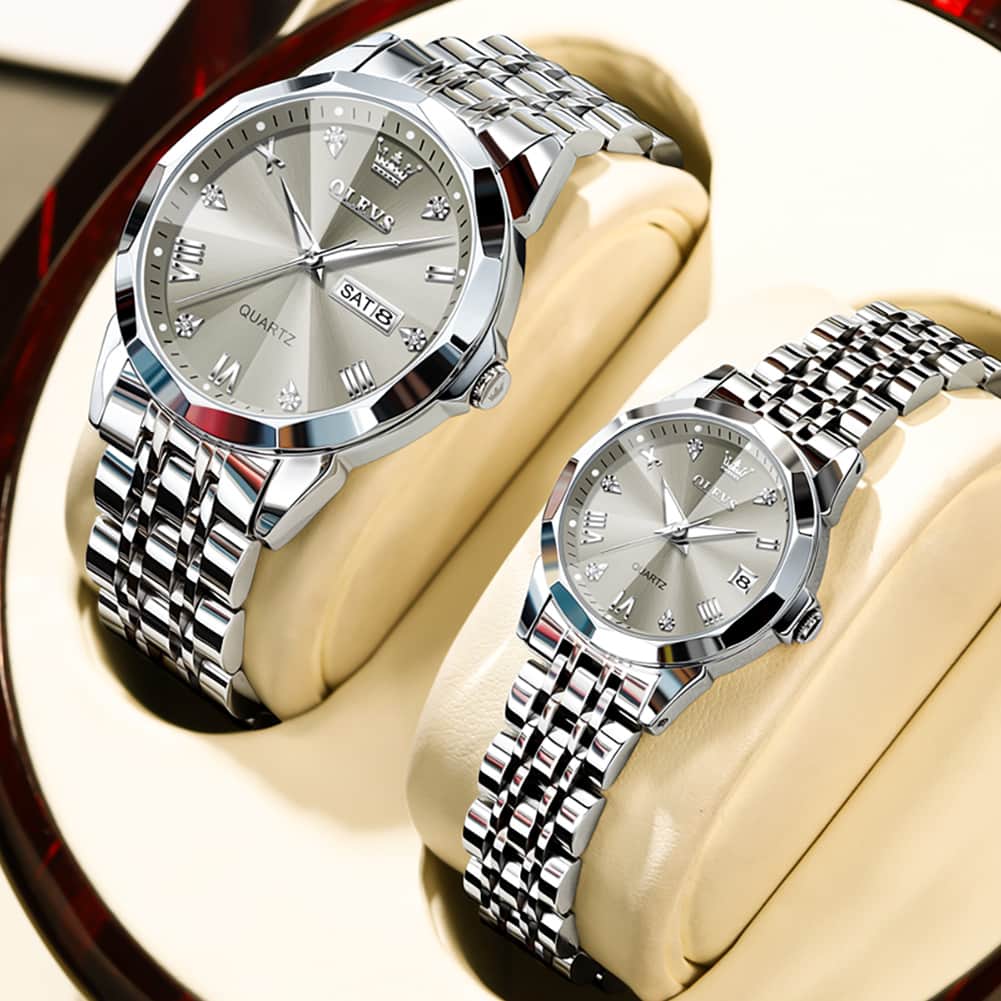 OLEVS 9931 Diamond Stainless Steel Couple Watch Set