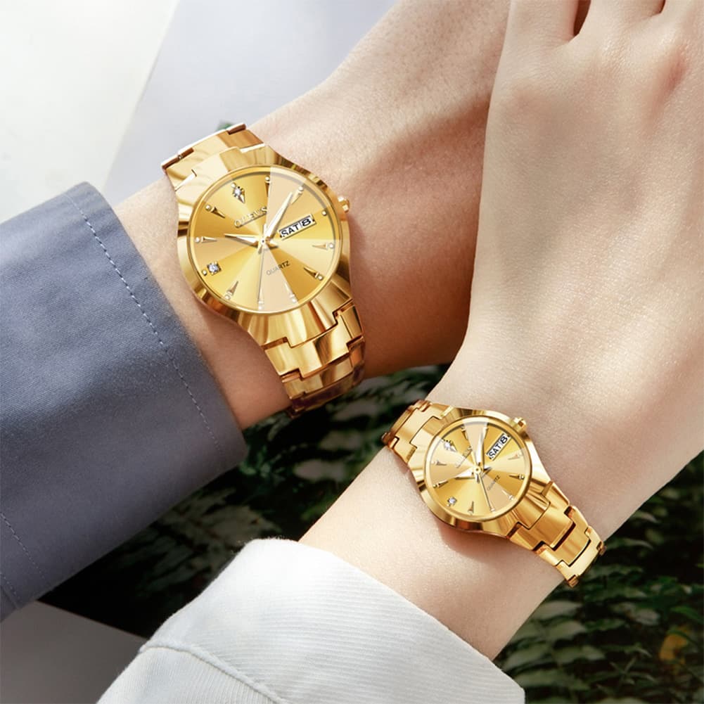 OLEVS Tungsten Steel Ultra Thin Day Date Couple Watch 8697 for Men and Women