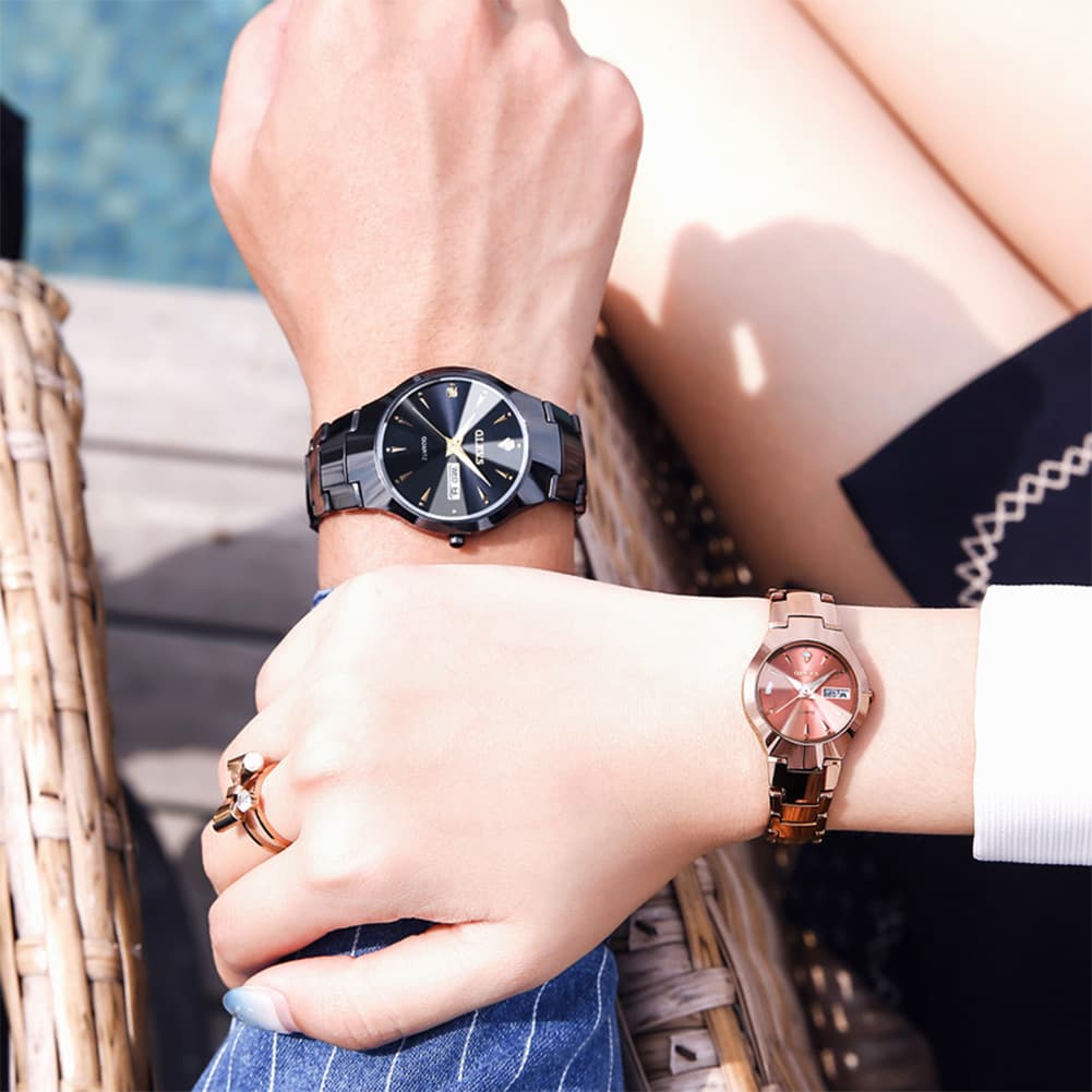 OLEVS Tungsten Steel Ultra Thin Day Date Couple Watch 8697 for Men and Women