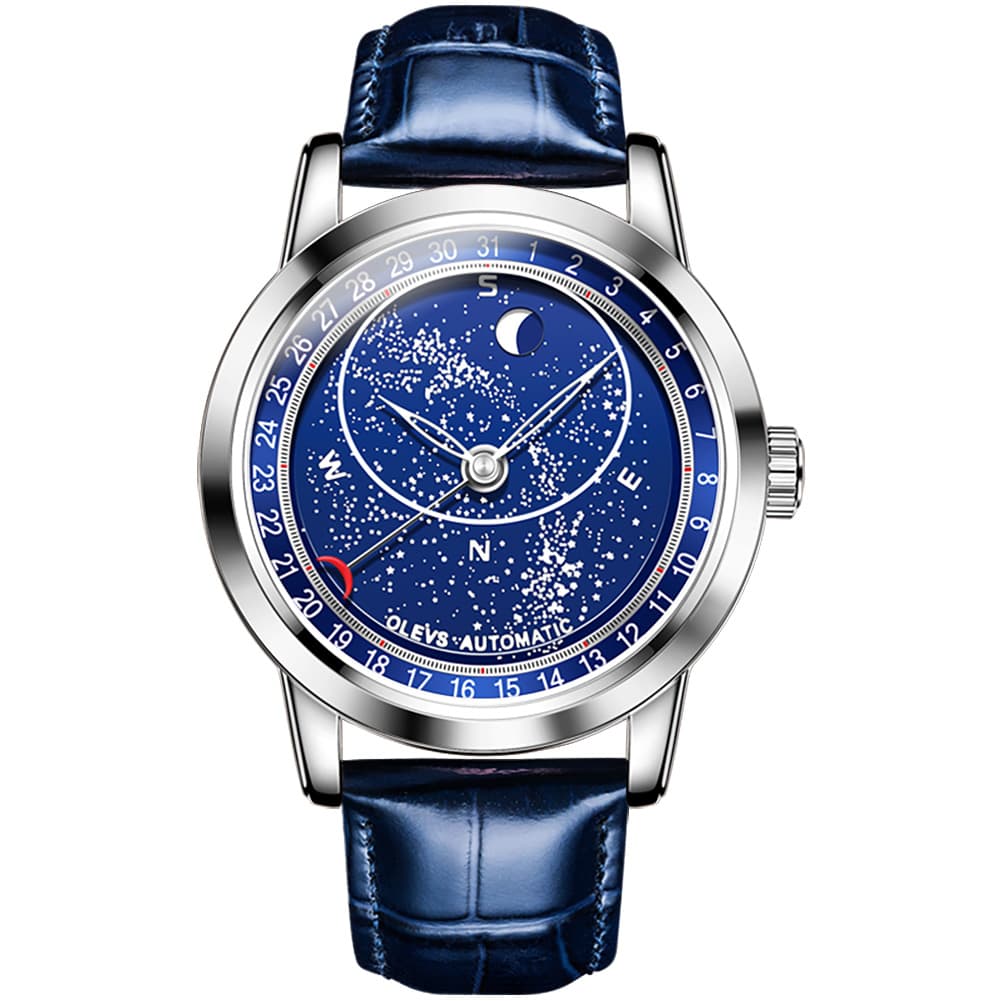 OLEVS Starry Sky Moon Phase Automatic Mechanical Watch 9923 Leather Strap for Men