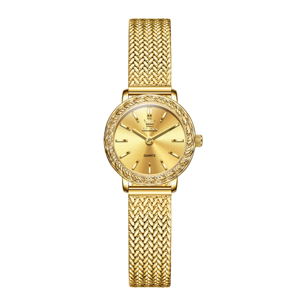 OLEVS Women Vintage Dress Watch Carved Bezel Woven Stainless Steel Quartz 5643