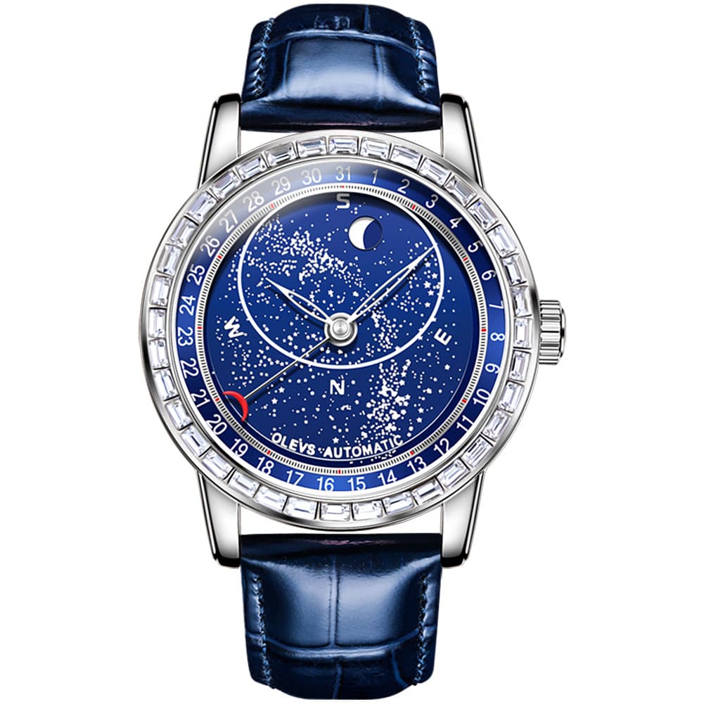 OLEVS Starry Sky Moon Phase Automatic Mechanical Watch 9923 Leather Strap for Men