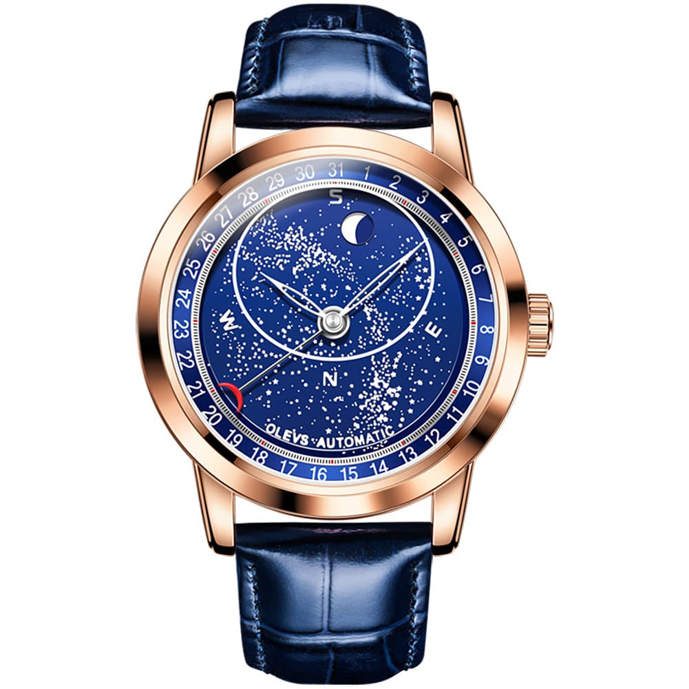 OLEVS Starry Sky Moon Phase Automatic Mechanical Watch 9923 Leather Strap for Men