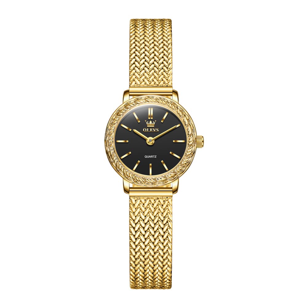 OLEVS Women Vintage Dress Watch Carved Bezel Woven Stainless Steel Quartz 5643