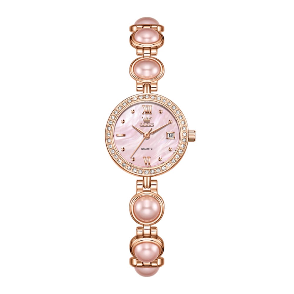 OLEVS 5669 Pearl Bracelet Watch Zircon Bezel Quartz Jewelry Timepiece for Women