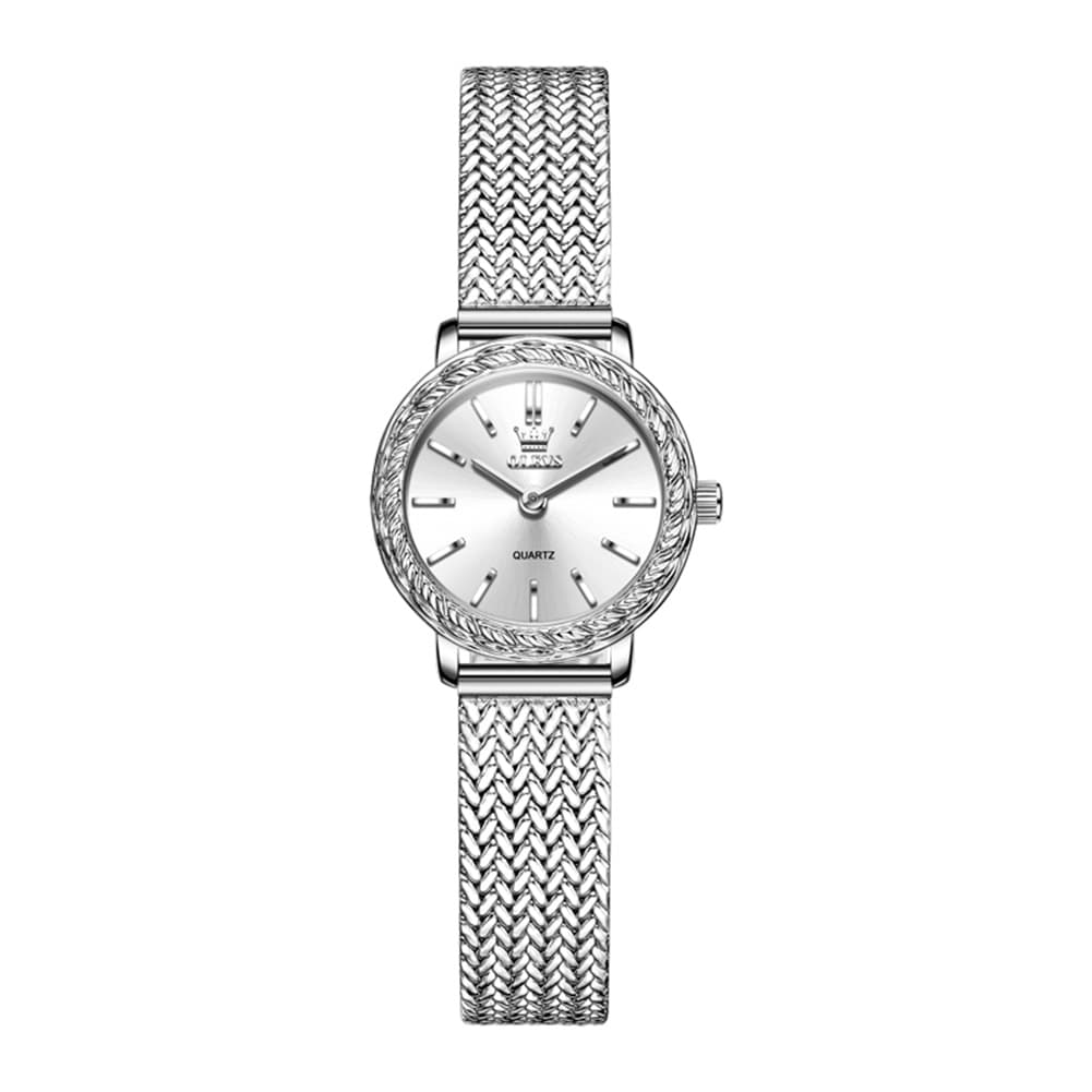 OLEVS Women Vintage Dress Watch Carved Bezel Woven Stainless Steel Quartz 5643