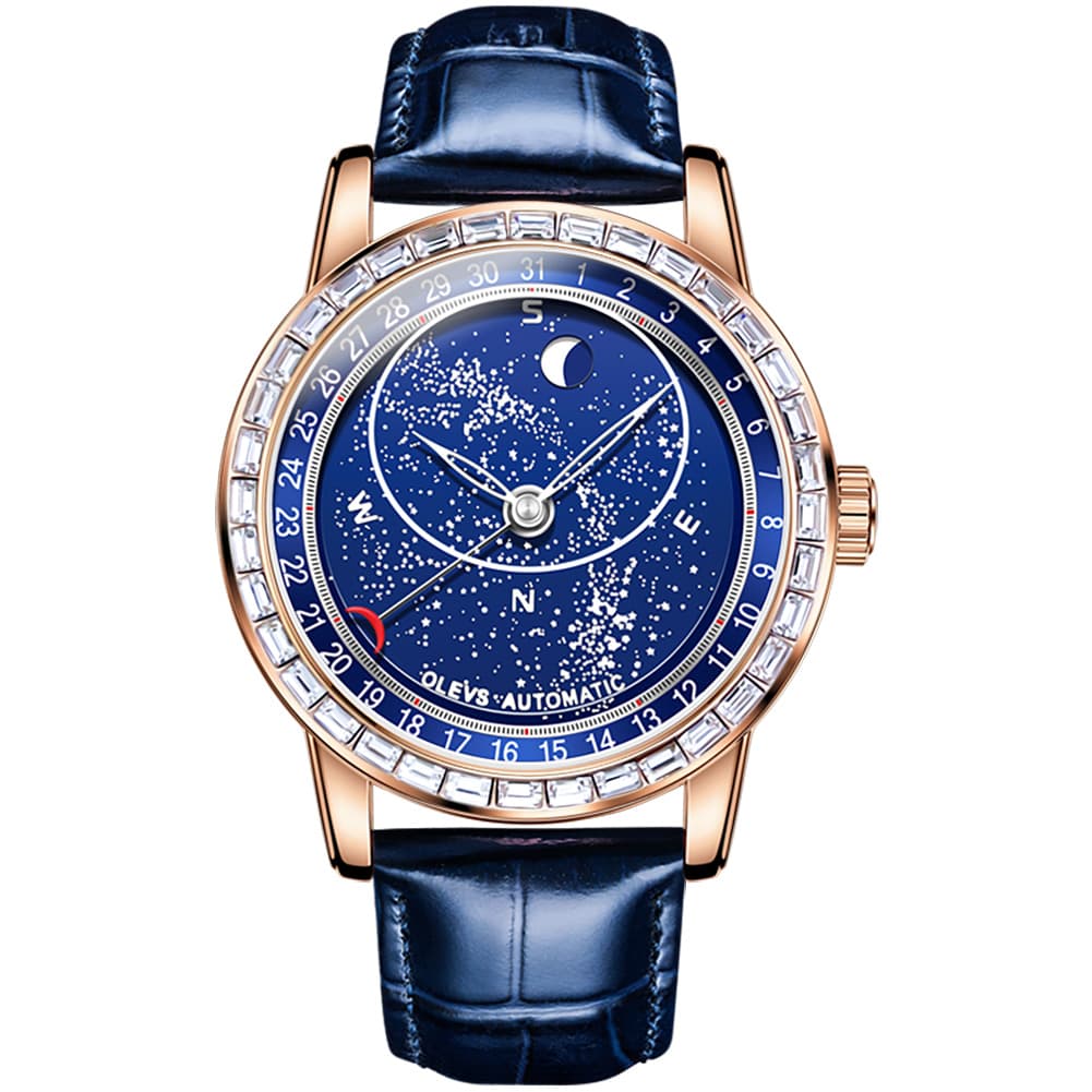 OLEVS Starry Sky Moon Phase Automatic Mechanical Watch 9923 Leather Strap for Men