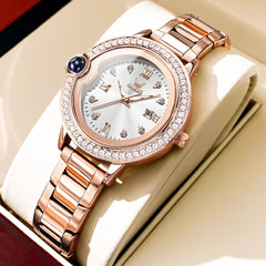 OLEVS Women Diamond Bezel Watch Cabochon Crown Rose Gold Quartz Date 5588