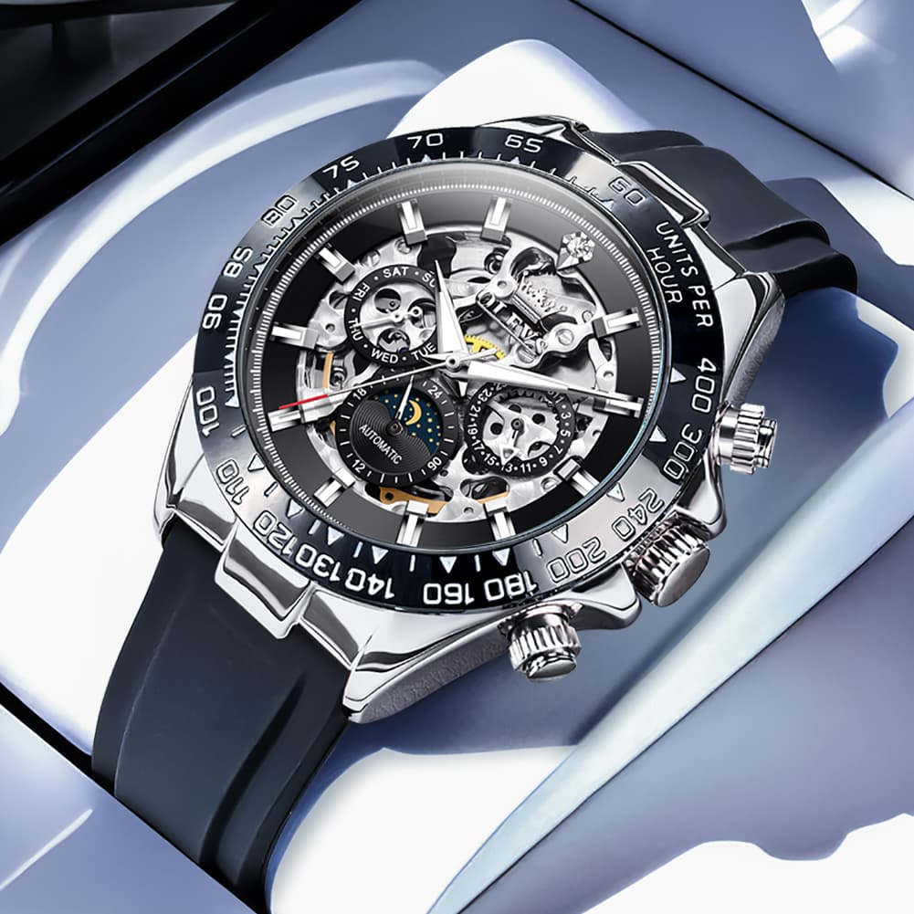 OLEVS 6713 Skeleton Silicone Sports Racing Mechanical Watch For Men