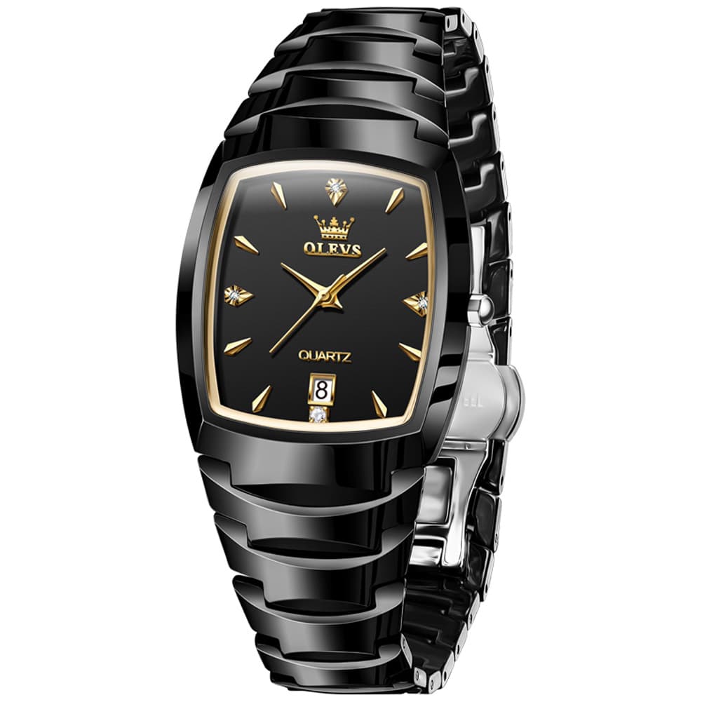 OLEVS 7006 Tungsten Steel Watch Tonneau Case Couple Diamond Accent Quartz Luxury Timepiece for Men and Women