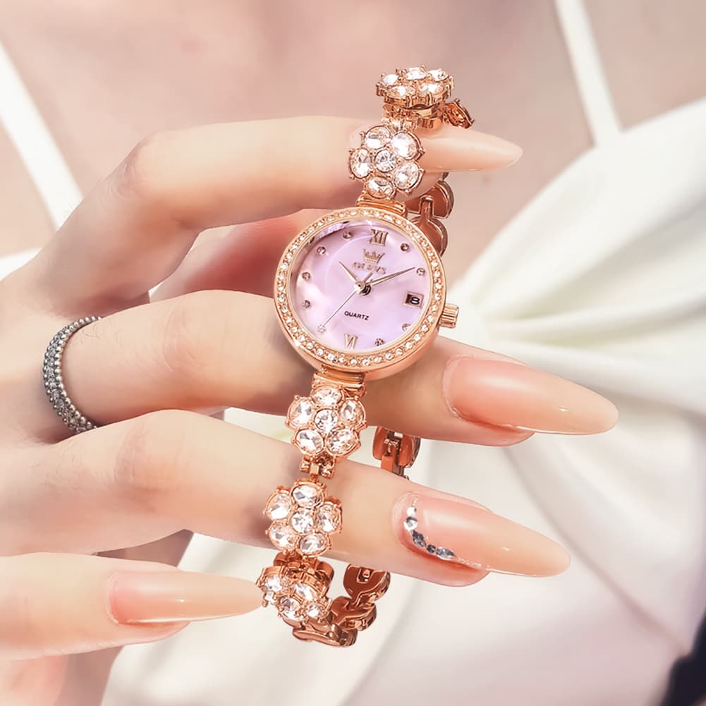 OLEVS Women Spinning Flower Watch Peach Blossom Crystal Mother of Pearl Date Quartz 5638