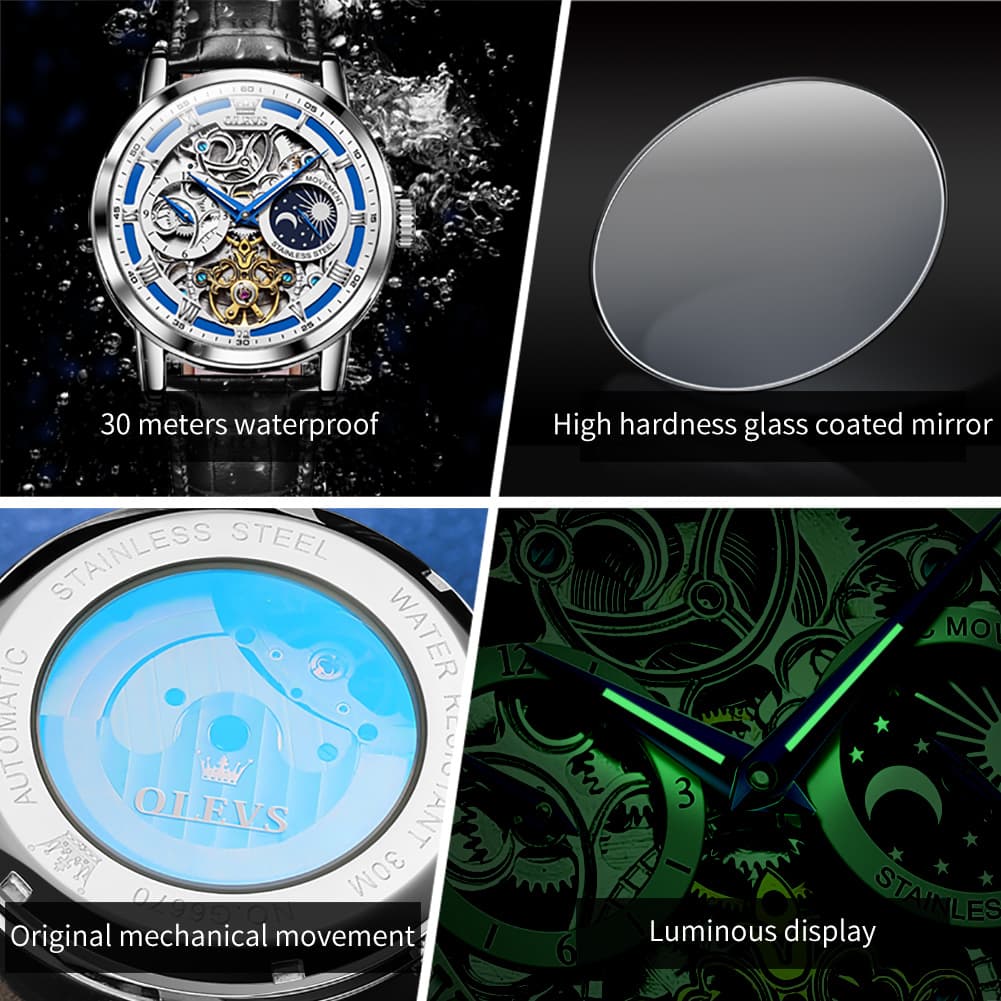 OLEVS 6670P Leather Skeleton Moon Phase Watch for Men