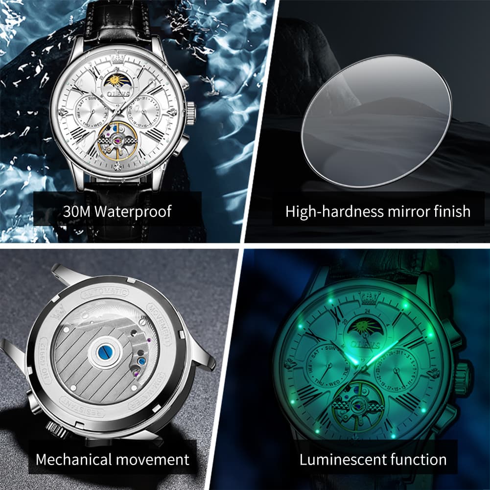 OLEVS Moon Phase Open Heart Automatic Mechanical Watch 9912 Leather Strap for Men